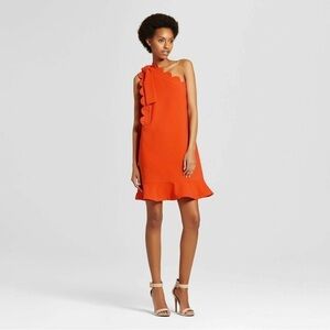 Victoria Beckham Target -Orange Scallop One Shoulder Bow Sleeveless Mini Dress S
